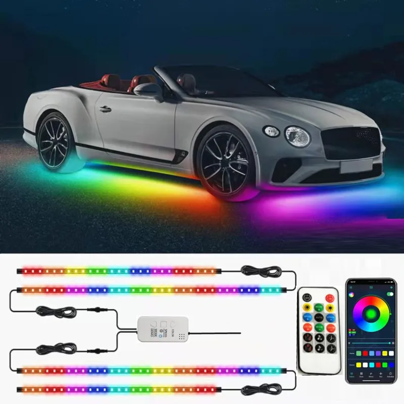 Reducere specială - Kit Iluminare sub masina Symphony, dinamice, RGB multicolor cu telecomanda si aplicatie telefon 12V, 2x120cm si 2x90cm